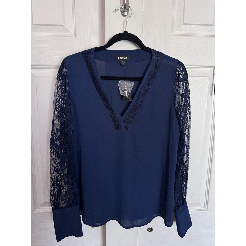 Express Women’s Navy Blue Lace sleeve blouse work top Medium NWT